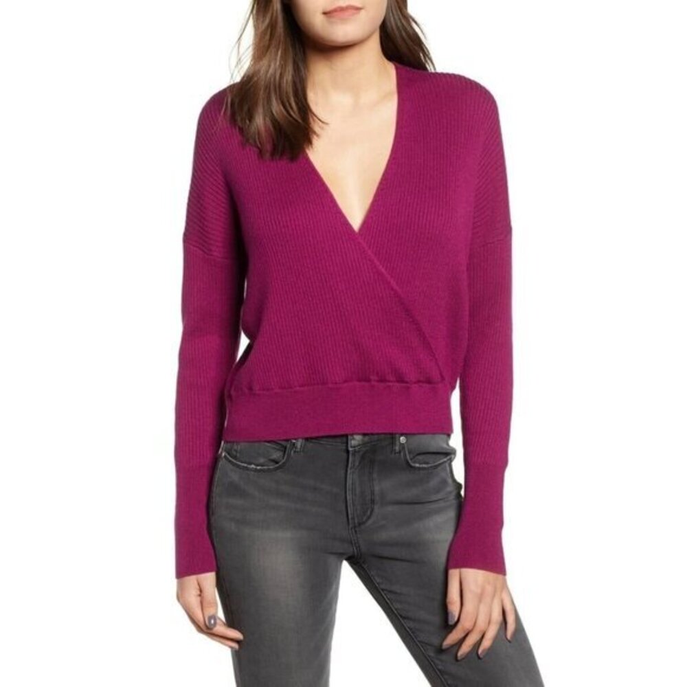 Leith Rib Wrap Crop Sweater Top Long Sleeve Purple SZ XL NEW